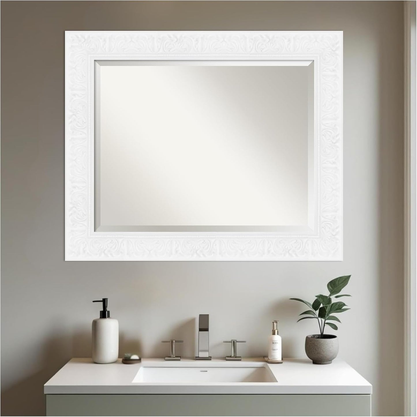 Amanti Art White Bathroom Mirror for Over Sink, 29x35 Luxe White Rectangle Vanity Mirror, Large Traditional Frame, Hangs Horizonally and Vertically, Bathroom Wall Decor, Beveled Edge