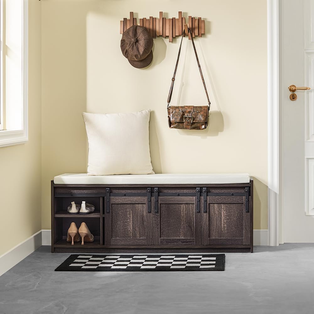 Haotian Industrial Style Shoe Storage Bench, Entryway Hallway Shoe Cabinet, Sliding Barn Doors, Drawer & Padded Seat Cushion, Rustic Window Bench for Mudroom (Brown)