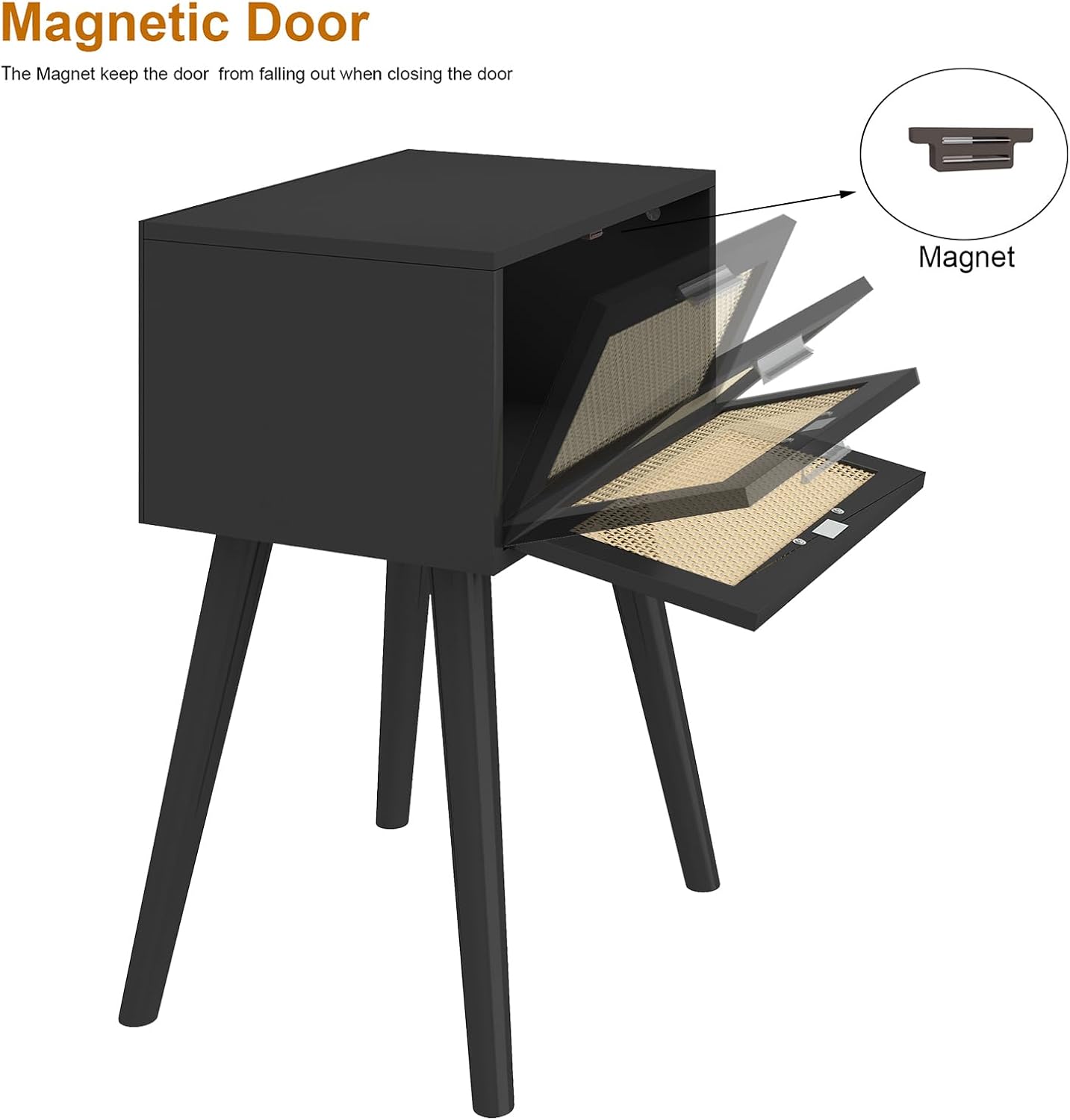 LAATOOREE Nightstand Set of 2, Small End Table with Rattan Door, Bedside Table with Solid Wood Feet, Boho Side Table for Bedroom Living Room Small Space - Black