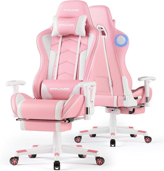 GTPLAYER Gaming Chair with Bluetooth Speakers and Footrest, Ergonomic Gamer Chair with Reclining Backrest, 3D Armrests, Adjustable Seat Height, Computer Desk Chair for Adults (Pink)