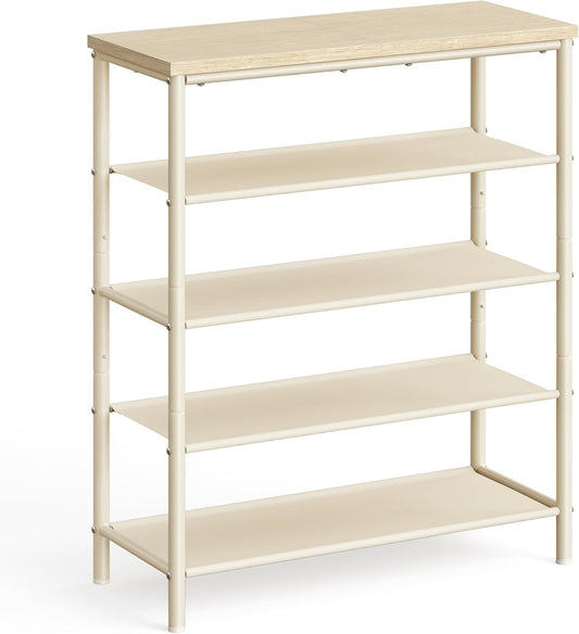 VASAGLE Shoe Rack, 5-Tier Shoe Storage Organizer for Entryway and Closet, Holds 12-16 Pairs of Shoes, 4 Fabric Shelves, Steel Frame, Modern, Natural Beige and Pearl White ULBS036K01