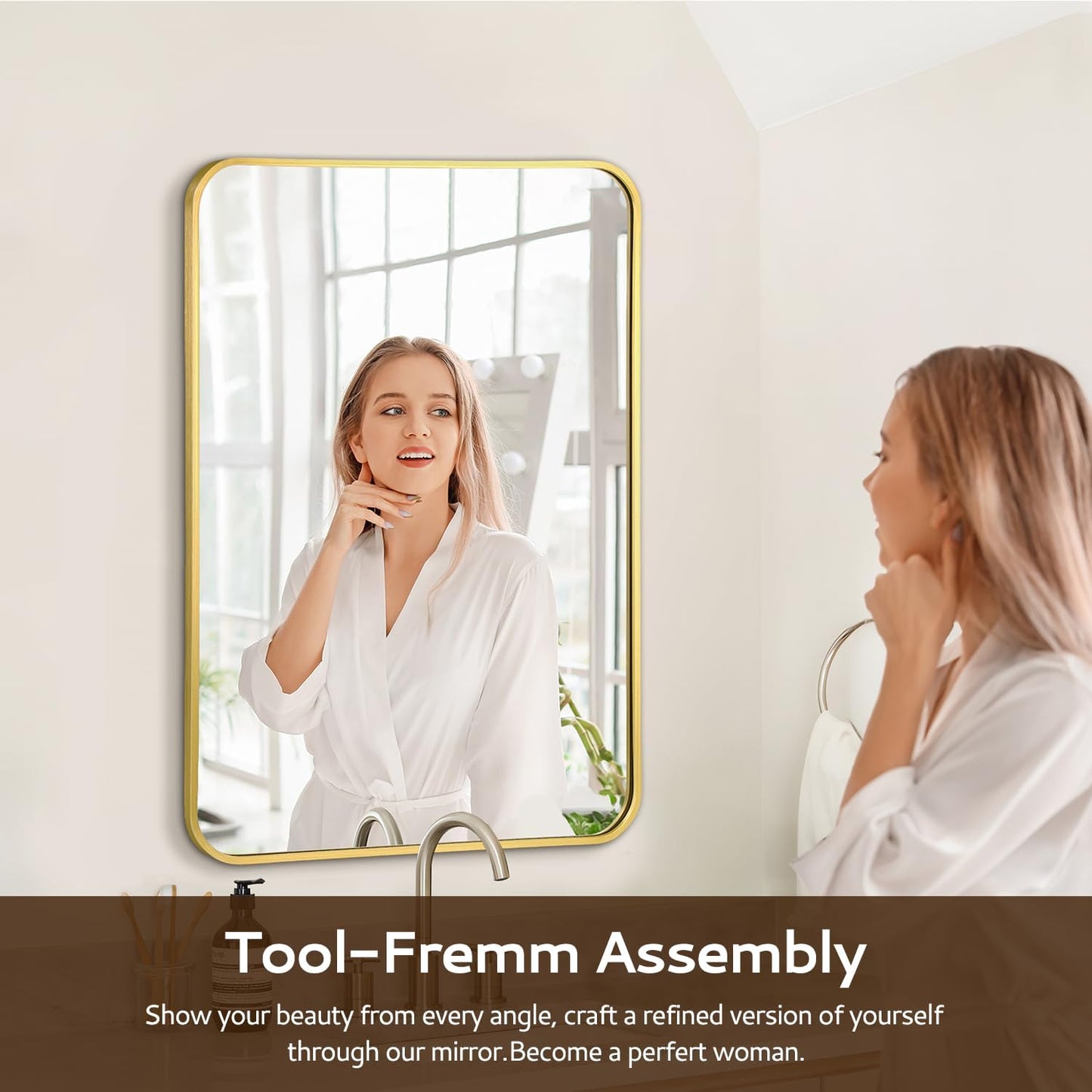 20x28 Rounded Rectangle Bathroom Mirrors for Over Sink, Gold Vanity Mirror with Metal Frame Wall Mounted, Modern Farmhouse Mirror for Restroom, Bedroom, Entryway Decor