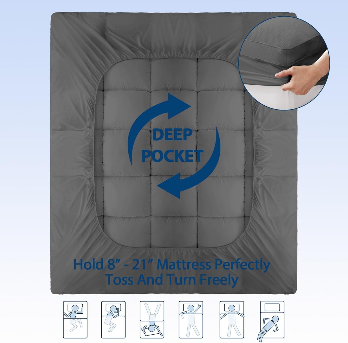 ELEMUSE Queen Grey Cooling Bamboo Viscose Mattress Topper for Back Pain, Extra Thick Mattress Pad Cover, Plush Soft Pillowtop with Elastic Deep Pocket, Overfilled Down Alternative Filling