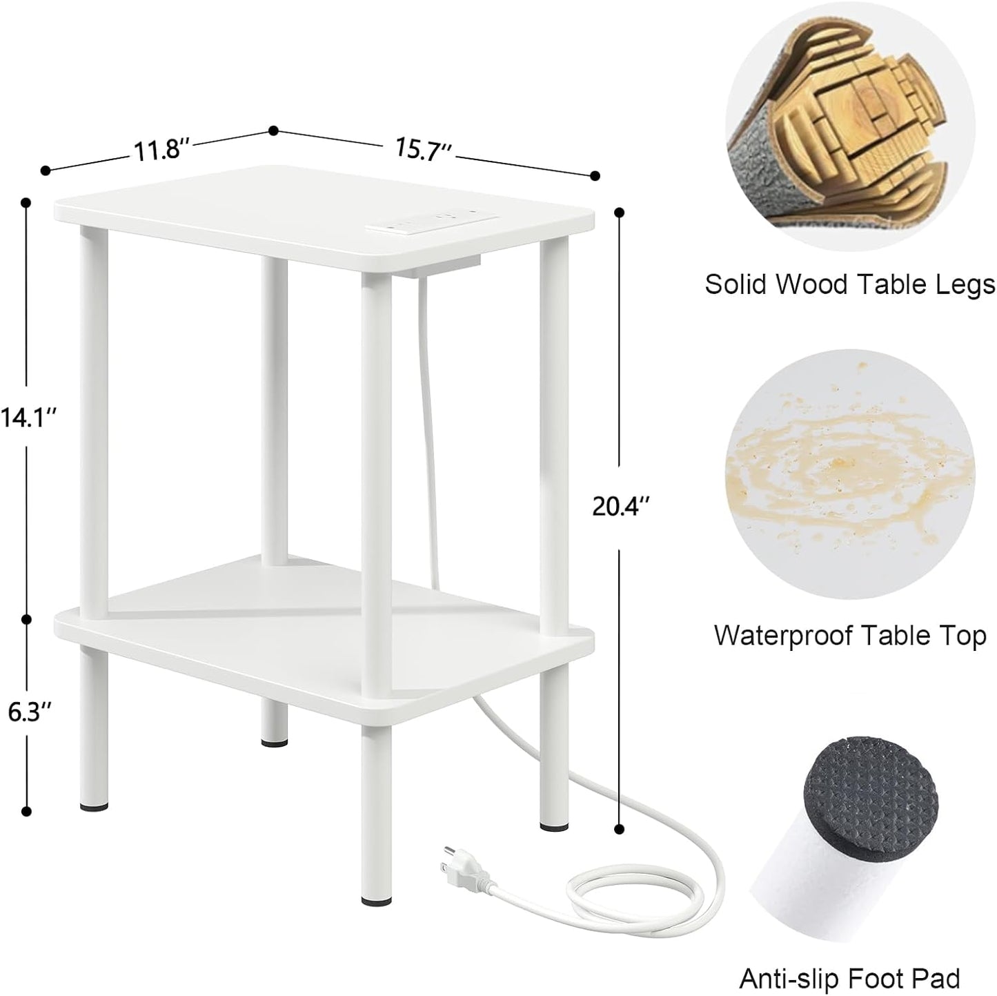 Apicizon 2 Tier End Table, Small Side Table with Charging Station, Boho Bedside Table with USB Ports and Outlets, Nightstand for Small Spaces, Bedroom, Living Room, Entryway, Easy Assembly, White