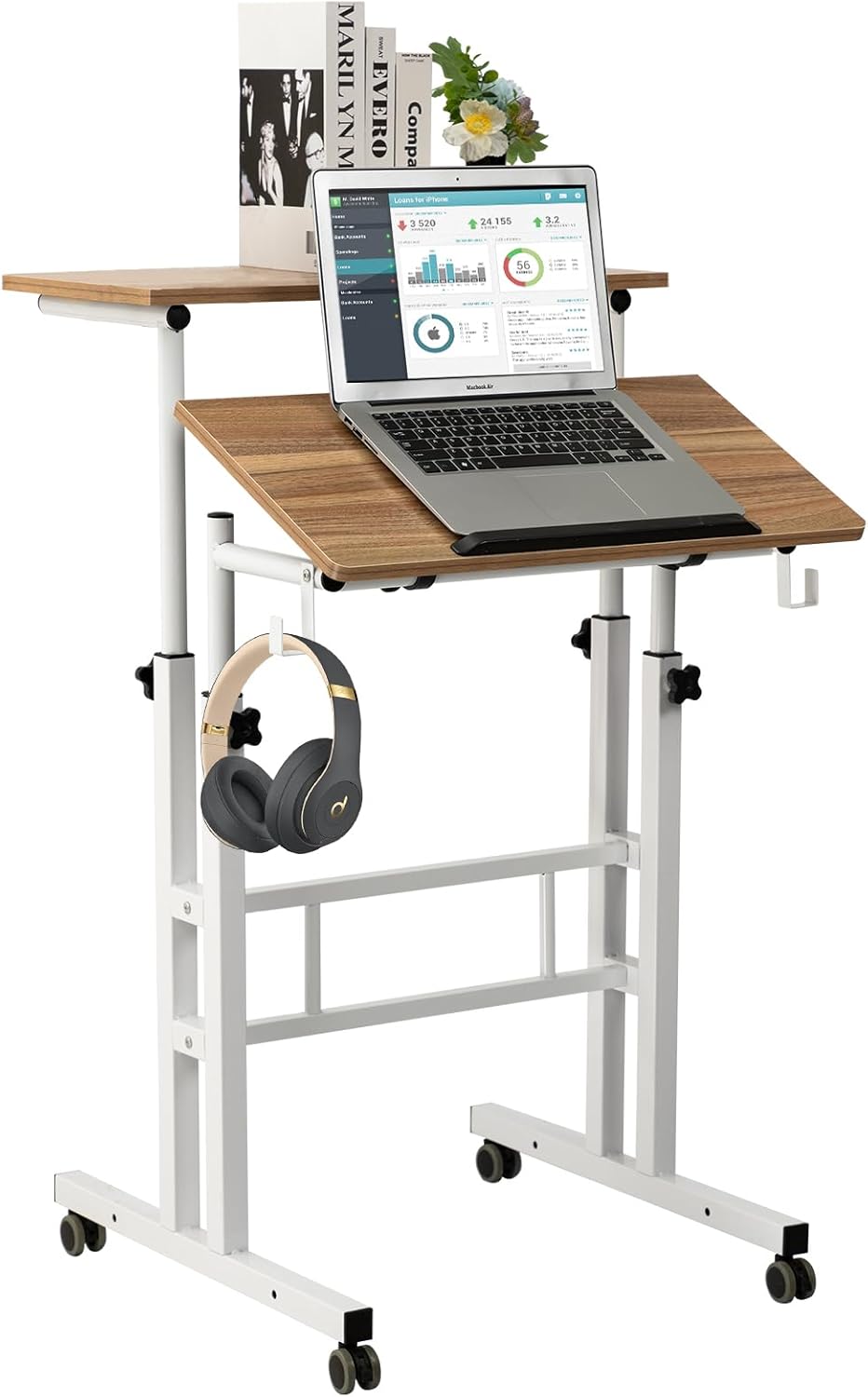 SIDUCAL Small Standing Desk, Portable Stand Up Desk, Height Adjustable Mobile Standing Table Converter with Wheels Computer Workstations, Rolling Laptop Cart for Stand or Sit, Vintage Oak