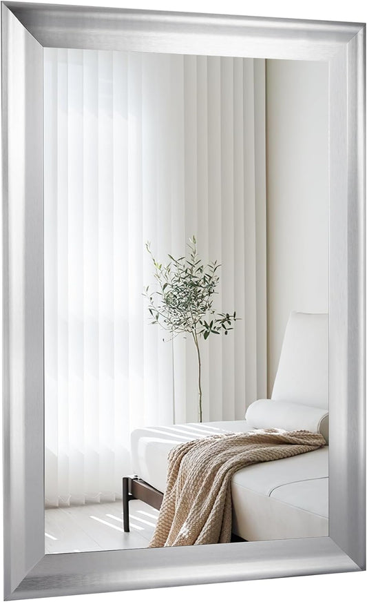 CULER Silver Wood Wall Mirror for Bathroom,Rectangle Rustic 24 x 36 inch Hanging Vanity Mirrors with Wooden Frame for Living Room,Bedroom,Entryway