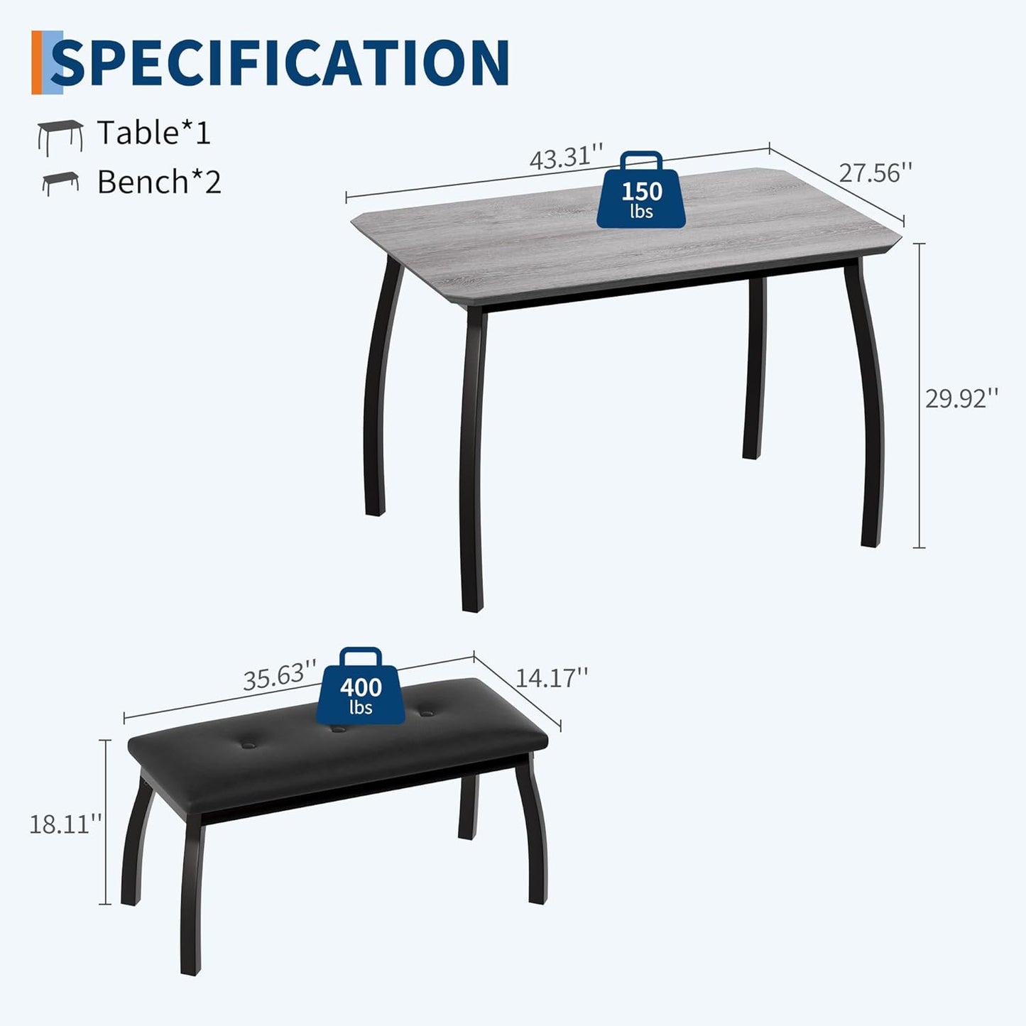 GAOMON Dining Table Set for 4, Metal Frame Kitchen, 3 Piece Dining Room Table Furniture for Apartment, Studio, Home, Easy Assembly, Grey