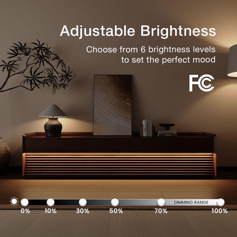 POVISON Fully-Assembled Mid Century Modern TV Stand with Legs, Wood Media Console with Adjustable LED Light, Entertainment Center with Storage for Living Room