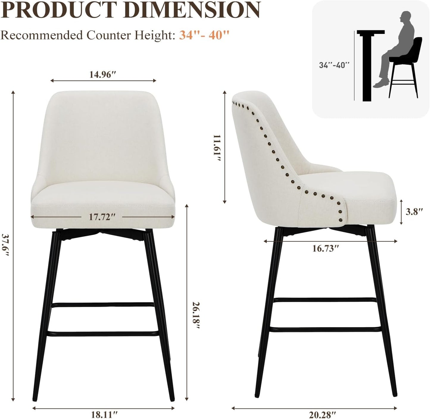 COLAMY Bar Stools Set of 2, 26.18" Counter Height Swivel Stools with Thick Padded Seat, Adjustable Footrest & 360° Rotation, Soft Fabric Upholstery for Kitchen Island/Home Bar/Cafe, Beige