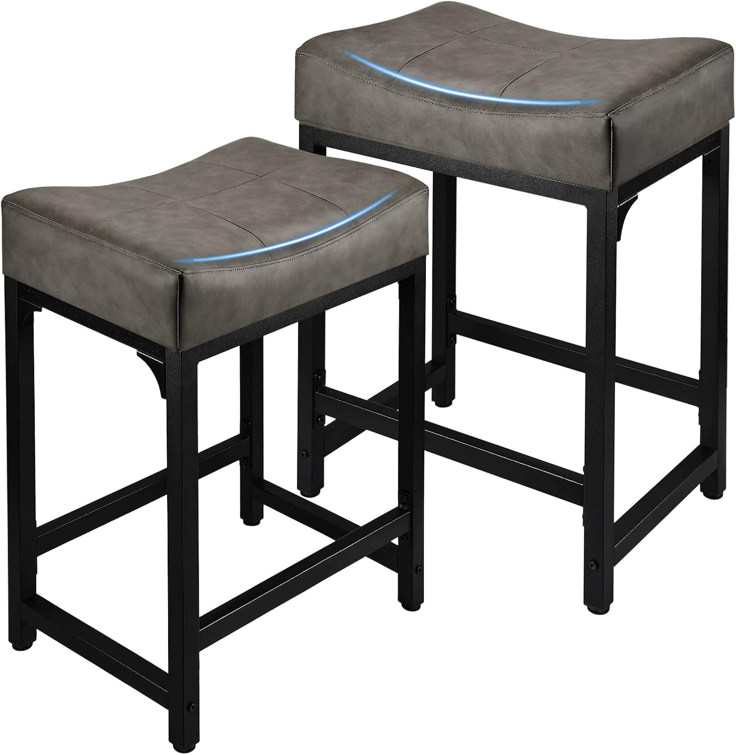 Counter Height Bar Stools Set of 2, 24 Inch Stools for Kitchen Counter with Thick Saddle Seats and Barstools Metal Frame, Modern Backless Counter Height Stool for Kitchen Island Bar Grey