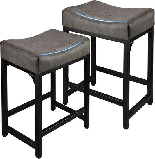 Counter Height Bar Stools Set of 2, 24 Inch Stools for Kitchen Counter with Thick Saddle Seats and Barstools Metal Frame, Modern Backless Counter Height Stool for Kitchen Island Bar Grey
