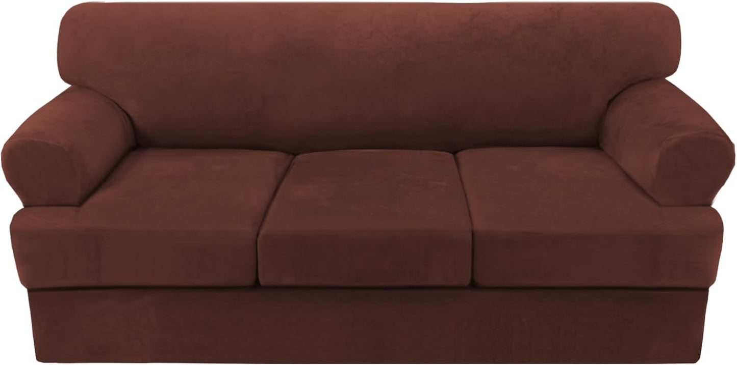 H.VERSAILTEX Sofa Cover 4 Piece T Cushion Sofa Slipcovers Thick Velvet Couch Cover Stretch T Cushion Sofa Covers for 3 Cushion Couch with 3 Individual T Cushion Covers, Burnt Brick