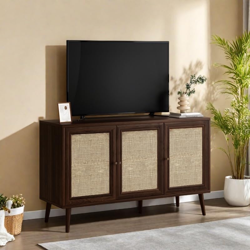 Rattan Entryway Table, Entertainment Center with Adjustable Shelf, Sideboard Buffet Cabinet with 3 Rattan Doors, Modern Console Cabinet with Large Storage for Living Room, Kitchen, Dark Brown