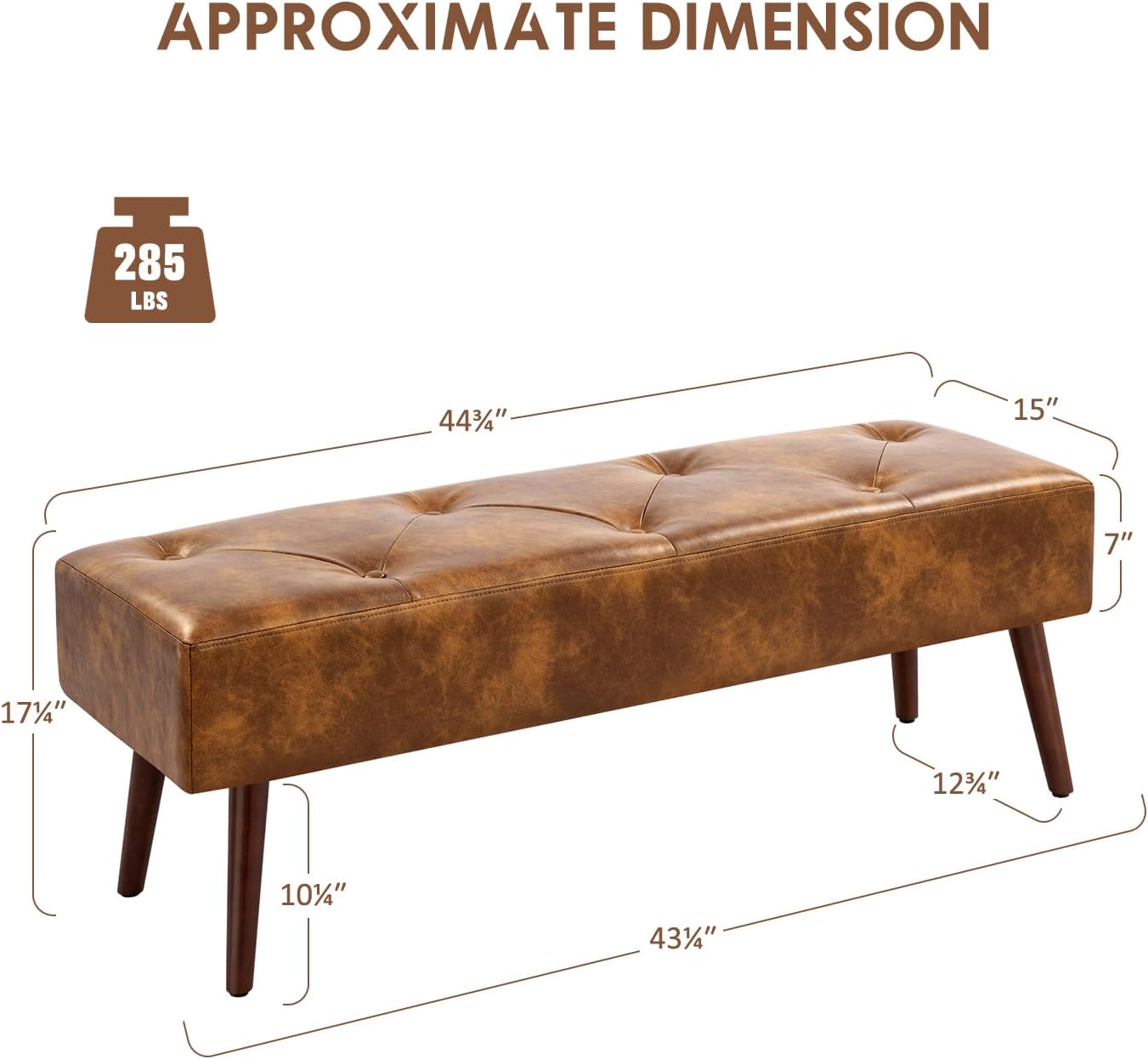 Furniliving 44 Inch Tufted Leather Bench, Leather Footrest Stool Bedroom Bench Seat, Upholstered Tufted Beathable Fabrics Ottoman Bench with X-Shaped Wood Legs for Kitchen, Solid Wood Indoor Bench