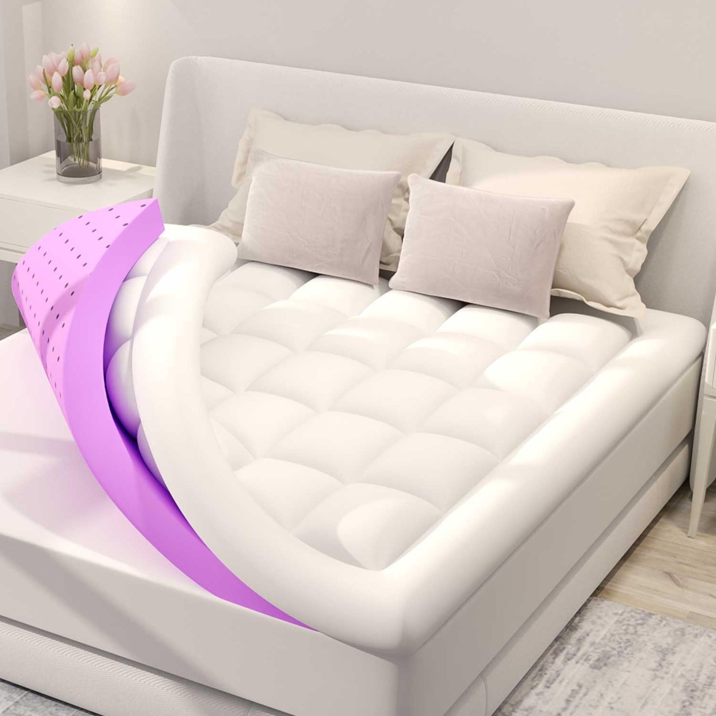 BDEUS Dual Layer 5 Inch Memory Foam Mattress Topper Twin Size, 2 Inch Gel Memory Foam Plus 3 Inch 1450 GSM Down Alternative Quilted Pillow Top Mattress Pad Cover,White