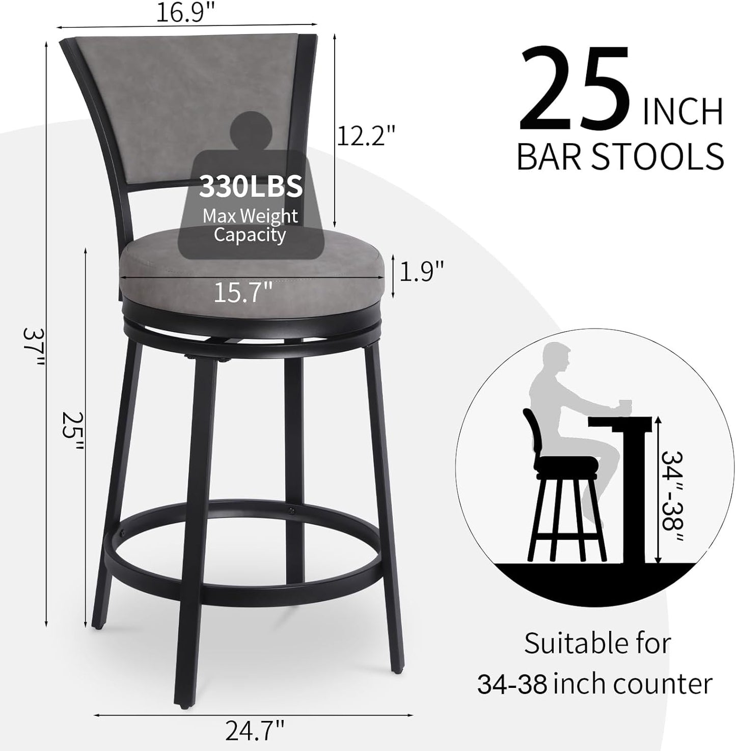 Bar Stools, Modern Counter Height Barstools Set of 2, 25" Faux Leather Round Swivel Bar Stools with Backrest, Upholstered Metal Bar Chairs for Kitchen Island, Kitchen Counter, Pub, Grey