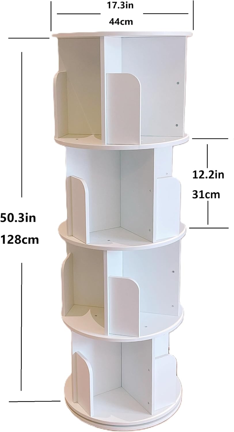 Heehee Rotating Bookshelf 360 Display Floor Standing Bookcase Storage Rack for Kids&Adults Multi-Functional Bookshelf Organizer (White (4-Tier))