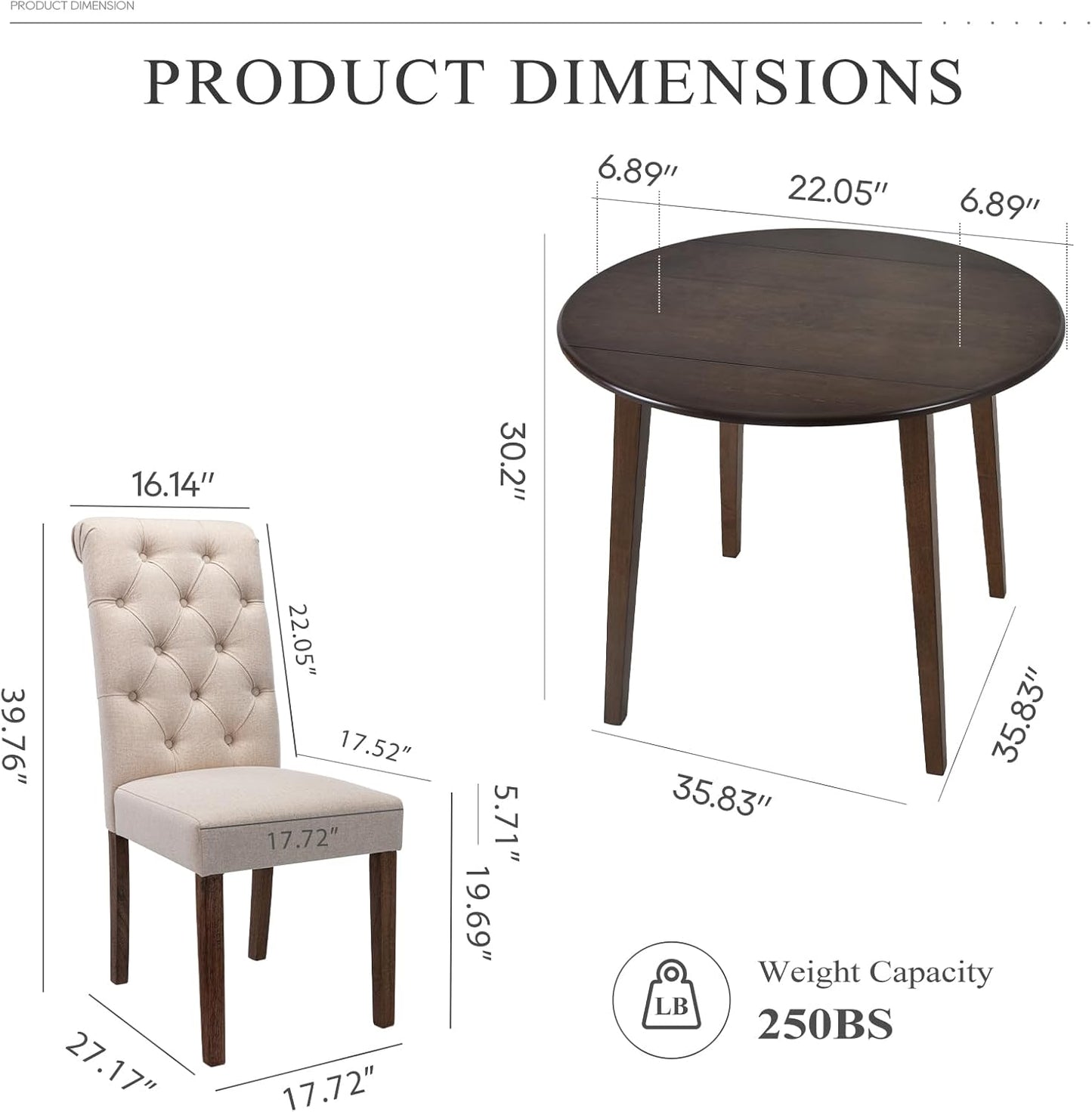 COLAMY 5-Piece Extendable Dining Table Set for 4, 36" Kitchen Round Wood Table with 4 Tufted Dining Room Chairs, Light Brown/Beige