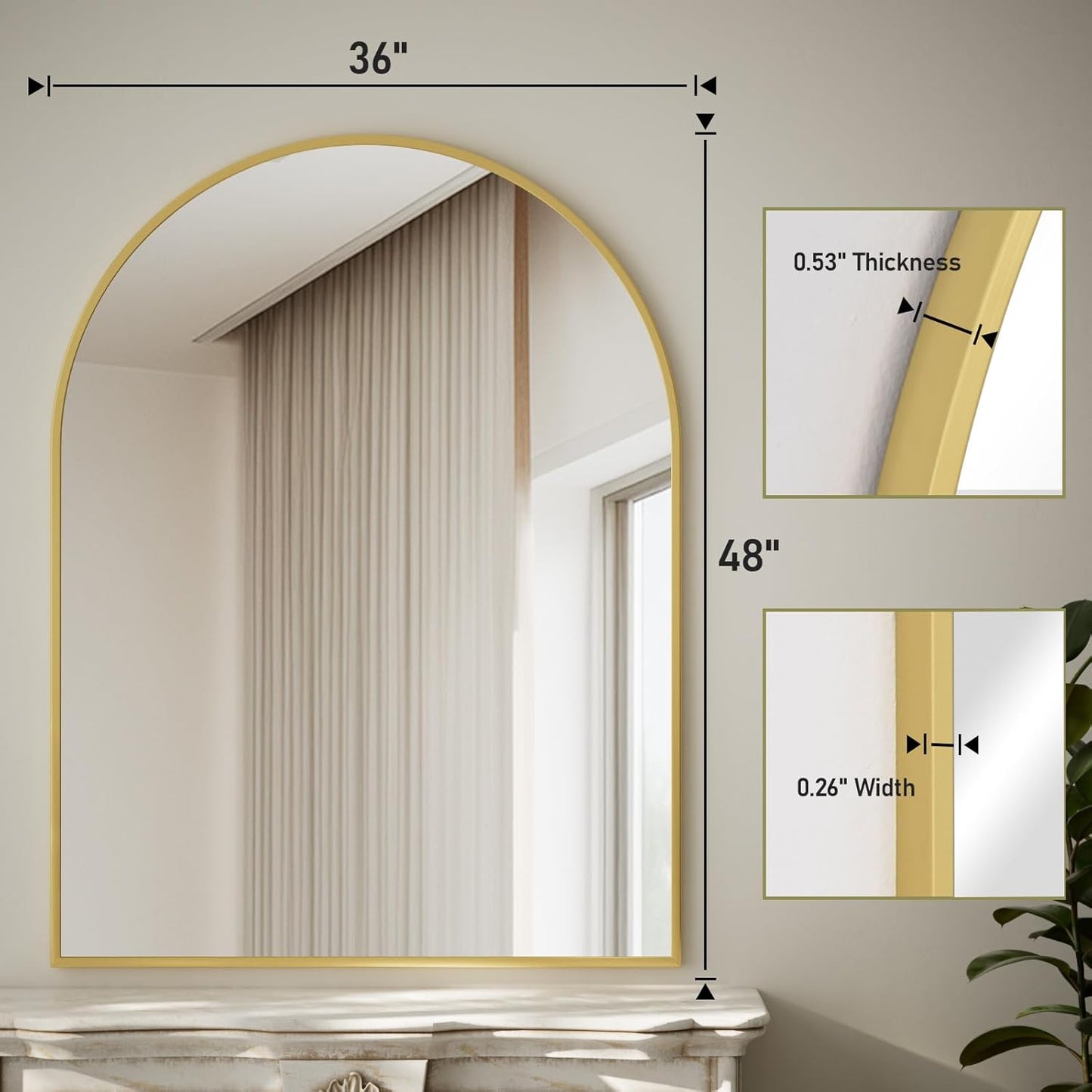 HARRITPURE 36"x48" Arched Bathroom Mirror - Gold Wall Mounted Vanity Mirror Aluminum Alloy Frame Large Arch Wall Mirror for Living Room, Bedroom and Entryway