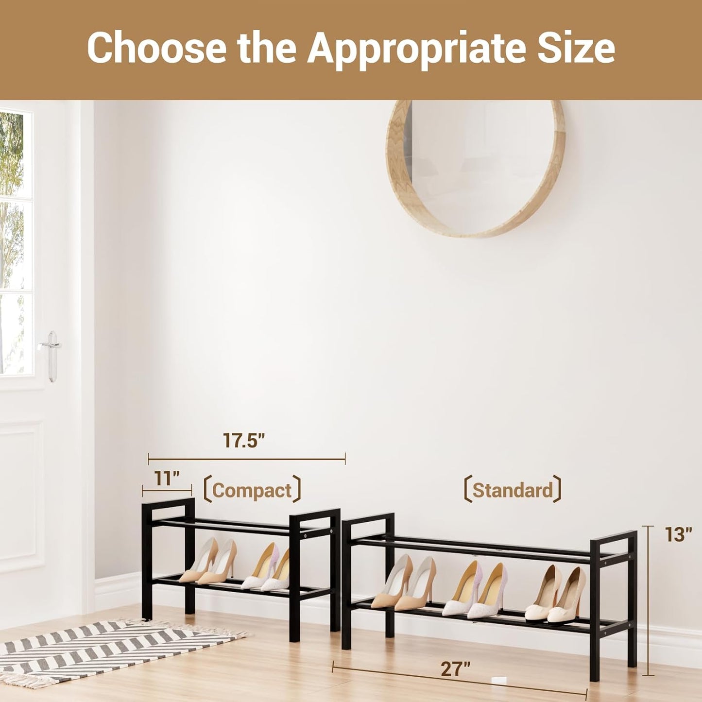 Haddockway Bamboo Shoe Rack for Closet, Free Standing Shoe Organizer with Smooth Round Rods & Convenient Handles, Stackable Shoe Storage Shelf for Entryway, Hallway(Black, 2-Tier)