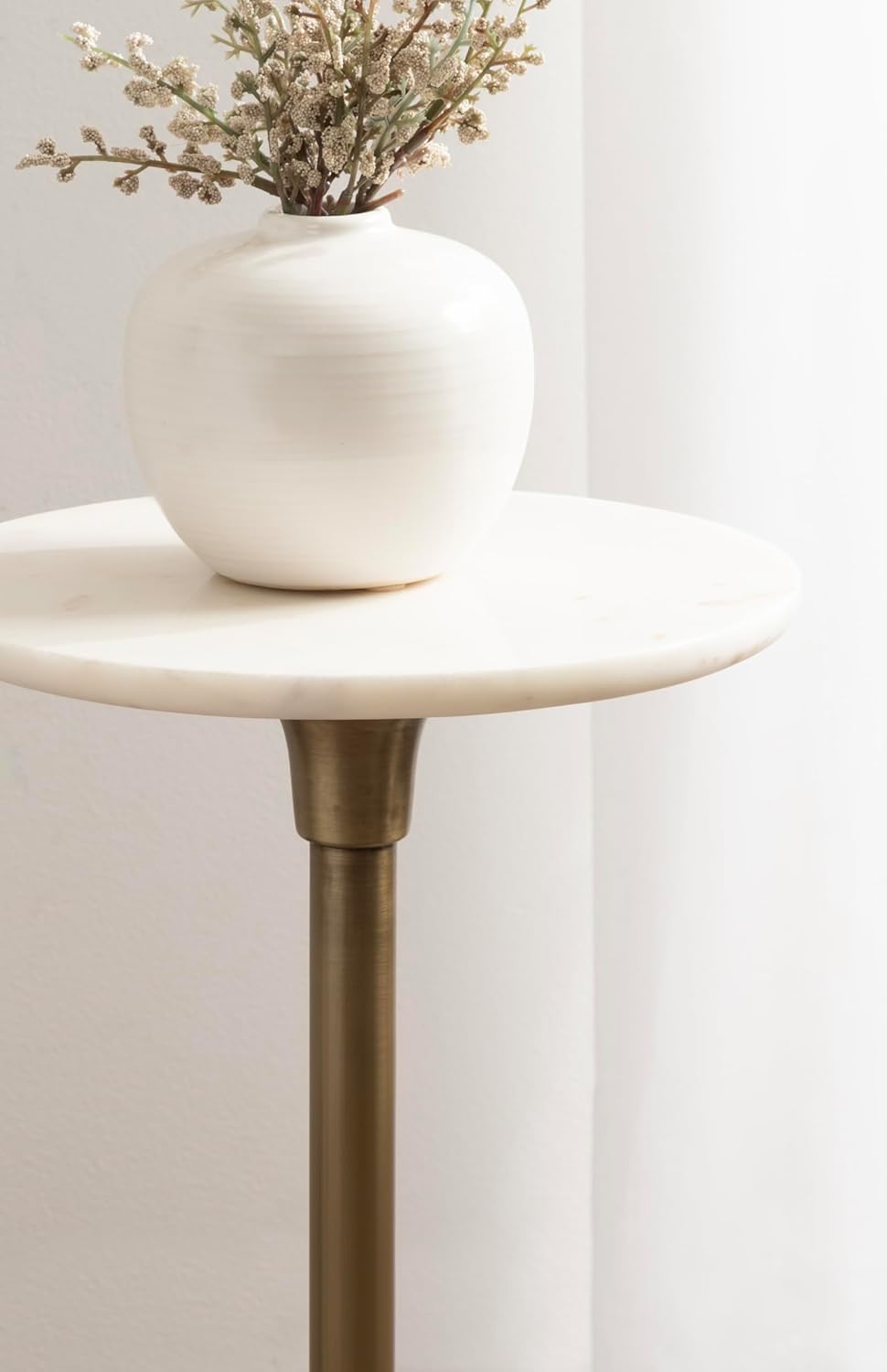 Kate and Laurel Nisha Traditional Marble Round Drink Table, 10 x 10 x 22, White Marble, Antique Brass, and Dark Brown, Vintage Mango Wood Circle Mini Table for Use as Plant Stand or Living Room Decor