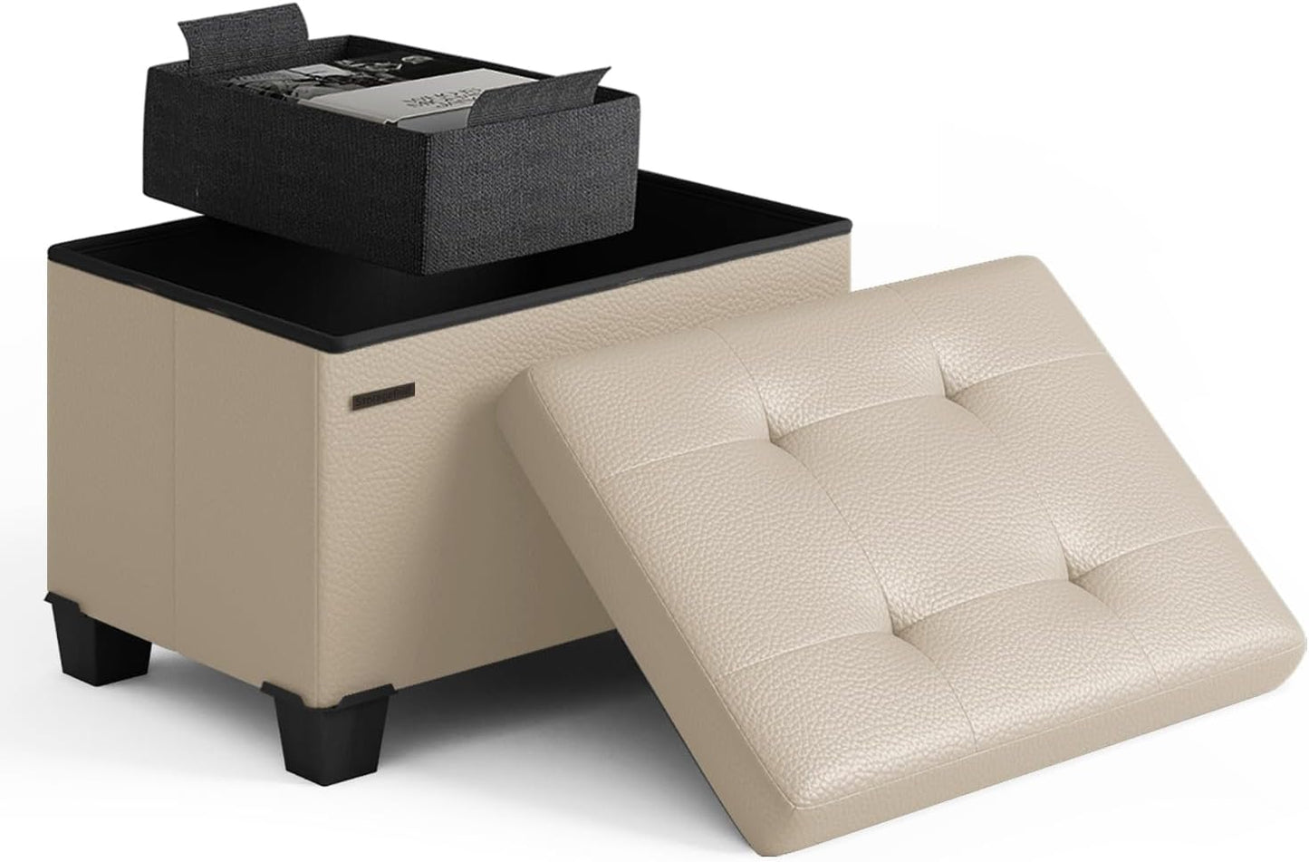 STORAGEBUD Storage Ottoman Cube with Small Bin, 16-in Square Ottoman with Storage for Living Room and Bedroom, Small Ottomans Foot Rest, Faux Leather Foot Stools Ottomans Max 330lbs, Beige