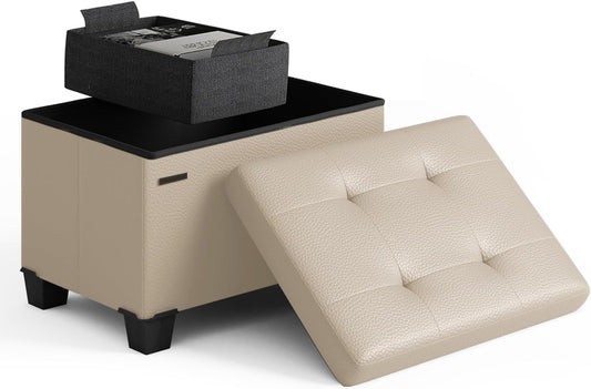STORAGEBUD Storage Ottoman Cube with Small Bin, 16-in Square Ottoman with Storage for Living Room and Bedroom, Small Ottomans Foot Rest, Faux Leather Foot Stools Ottomans Max 330lbs, Beige