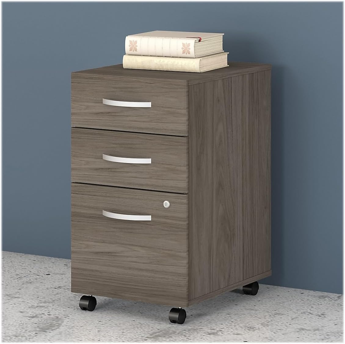 Bush Business Furniture Studio C 3 Drawer Mobile File Cabinet in Modern Hickory - Assembled, Rolling Document Storage for Home or Professional Office