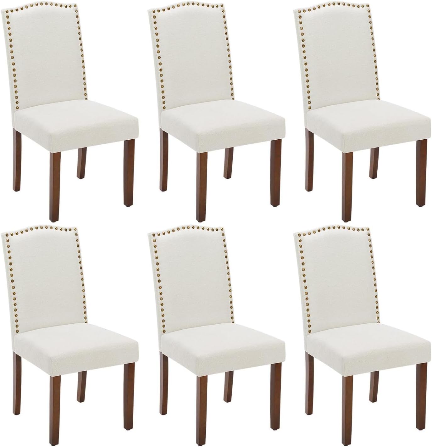 Kitchen Chairs Set of 6 Modern Upholstered Fabric Seat with Nailhead Trim and Ergonomic Lumbar Support for Living Room and Rustic Farmhouse Dining Area, Beige