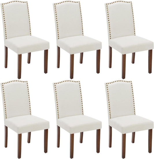 Kitchen Chairs Set of 6 Modern Upholstered Fabric Seat with Nailhead Trim and Ergonomic Lumbar Support for Living Room and Rustic Farmhouse Dining Area, Beige