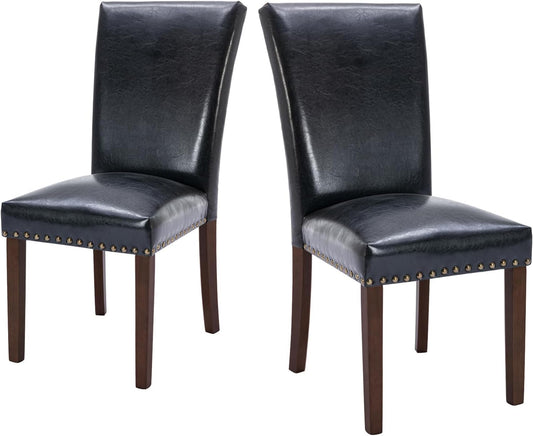 COLAMY Upholstered Parsons Dining Chairs Set of 2, PU Leather Dining Room Kitchen Side Chair with Nailhead Trim and Wood Legs - Black