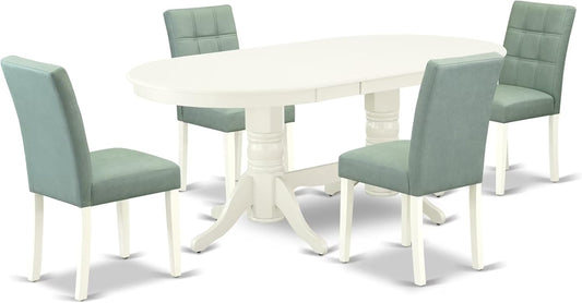 East West Furniture VAAS5-LWH-43 5 Piece Kitchen Table Set contain A Wooden Table and 4 Willow Green Polyester Fabric Mid Century Chairs, Linen White
