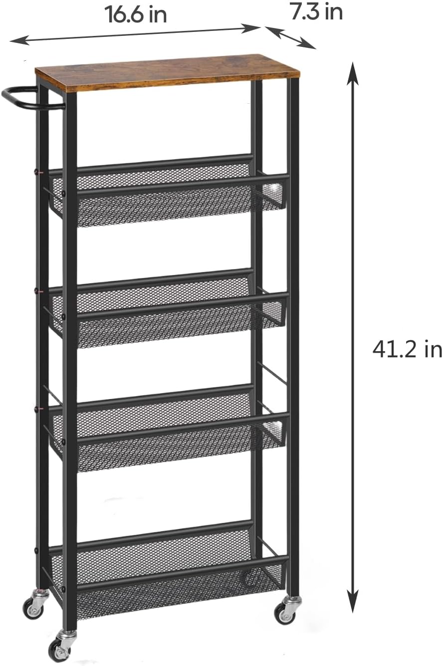 MOOACE Slim Storage Cart, 5 Tier Kitchen Rolling Carts with Wheels, Metal Narrow Cart Utility Cart Mobile Shelving Unit for Bathroom Organizer Kitchen Office Laundry Room, Brown