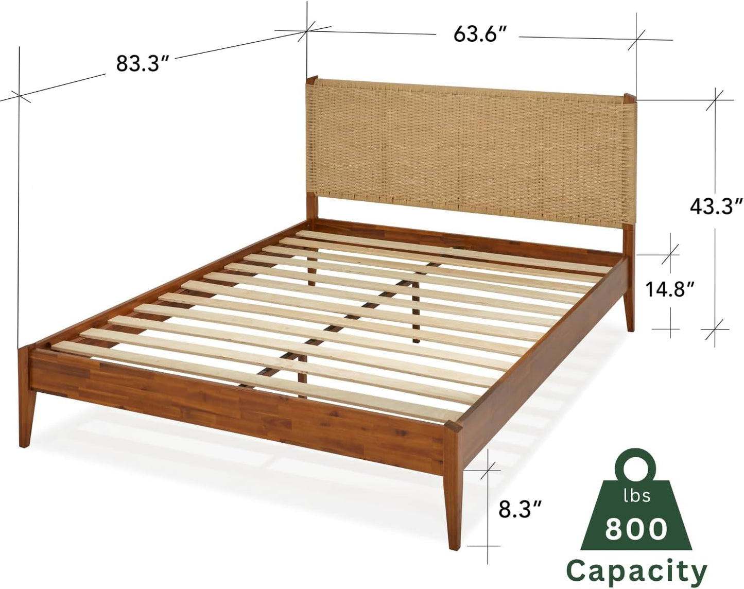 Bme Selina Headboard Queen Size Bed Frame - Handcrafted Paper Cord Headboard, 12-Slat Support, No Box Spring Needed - Easy Assembly, Caramel