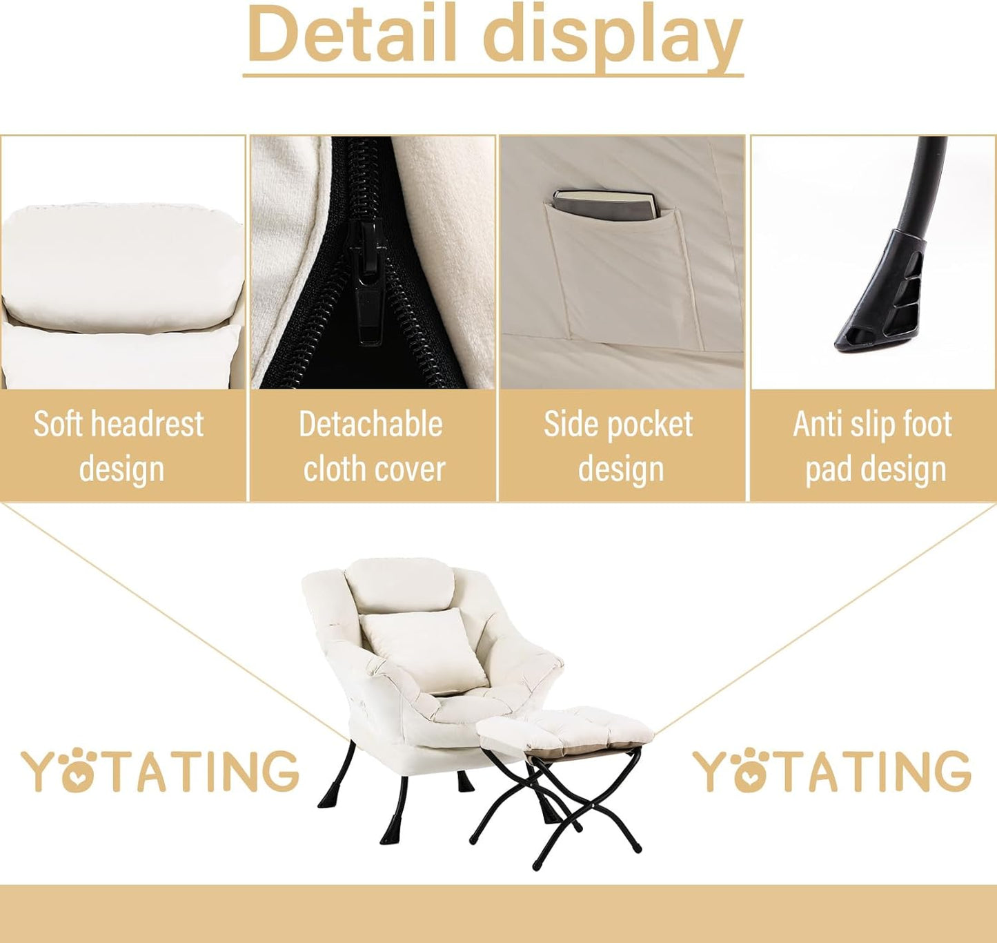 Lazy Chair with Ottoman, Comfy Reading Lounge Chair with Footstool & Throw Pillow Modern with Armrests & Side Pocket for Living Room, Bedroom, Dorm Room, Velvet Beige