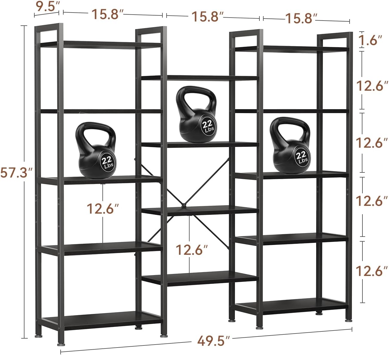 Casaottima Triple 5 Tier Bookshelf, Large Bookcase with 14 Open Display Shelves, Modern Industrial Book Shelves Book Case for Bedroom, Wide Standing Shelving Unit for Living Room Home Office, Black