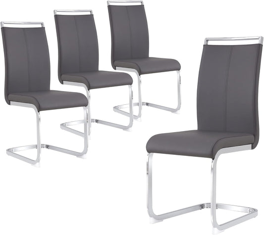 Dining Chairs Set, Kitchen Modern Metal Chairs with Faux Leather Padded Seat High Back and Sturdy Chrome Legs, Chairs for Dining Room (Grey, Set of 4)
