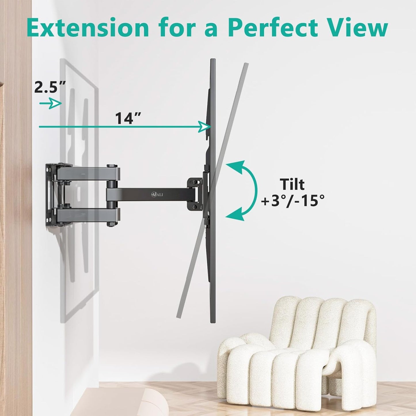 WALI Full Motion TV Wall Mount for Most 32-70 inch Flat Curved TVs, Swivel Extension Tilting Leveling TV Mount Bracket Max Mounting Holes 400x400mm, Holds up to 88 lbs & 12/16" Wood Studs