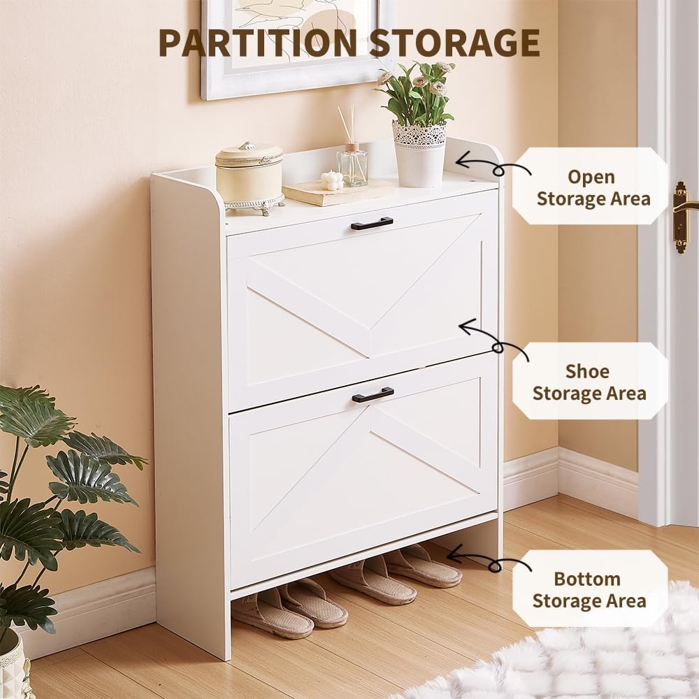 Shoe Storage Cabinet with 2 Flip Drawers, Freestanding Shoe Cabinet Organizer with Metal Flip Frame for Entryway, Hallway, Foyer, White