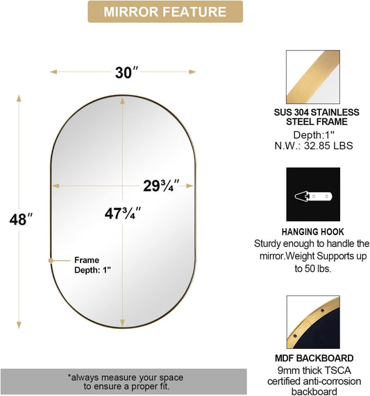 ANDY STAR Brushed Gold Bathroom Mirror, 48 x 30 Inch Oval Vanity Mirror, Brushed Brass Mirror for Wall in Stainless Steel Metal Frame 1’’ Deep Wall Mounted Horizontal/Vertical