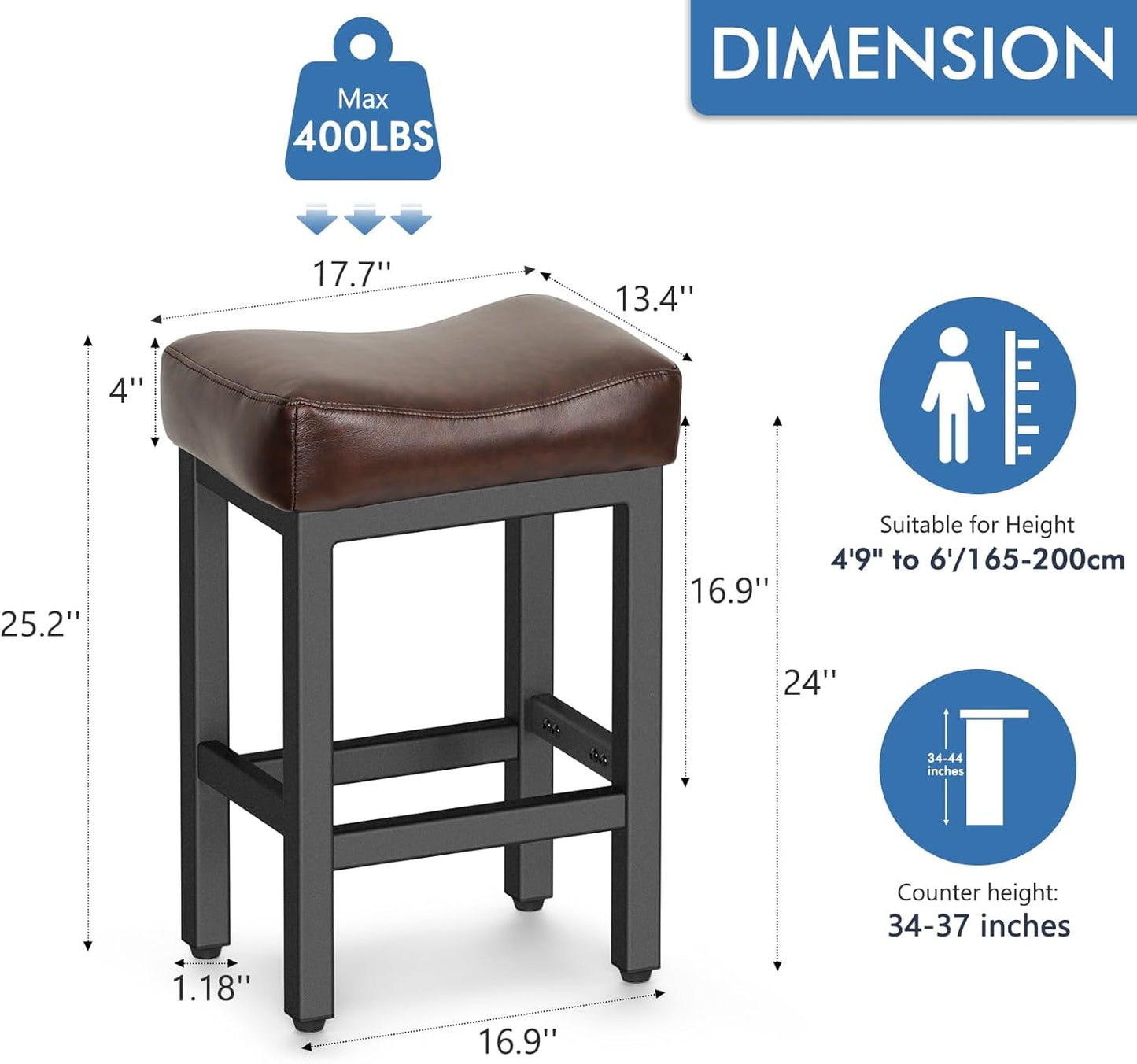 Counter Height Bar Stools Set of 3, 24 Inch Barstools for Kitchen Island Counter, Bonded Leather Kitchen Stools with Thick Saddle Seats & Heavy Duty Metal Base, Easy Assembly, Brown/Black