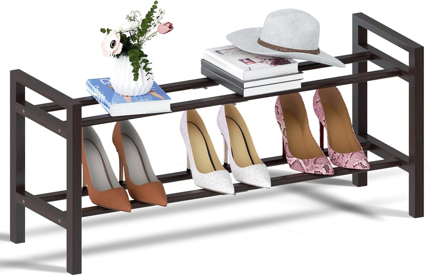 Haddockway Bamboo Shoe Rack for Closet, Free Standing Shoe Organizer with Smooth Round Rods & Convenient Handles, Stackable Shoe Storage Shelf for Entryway, Hallway(Brown, 2-Tier)