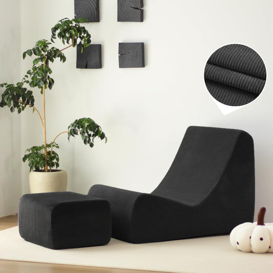 N&V Bean Bag Chair Single Seated Foam Sofa Armless Floor Sofa with High Density Foam Removable and Machine Washable Cover (Black, Large, Corduroy Stripes)