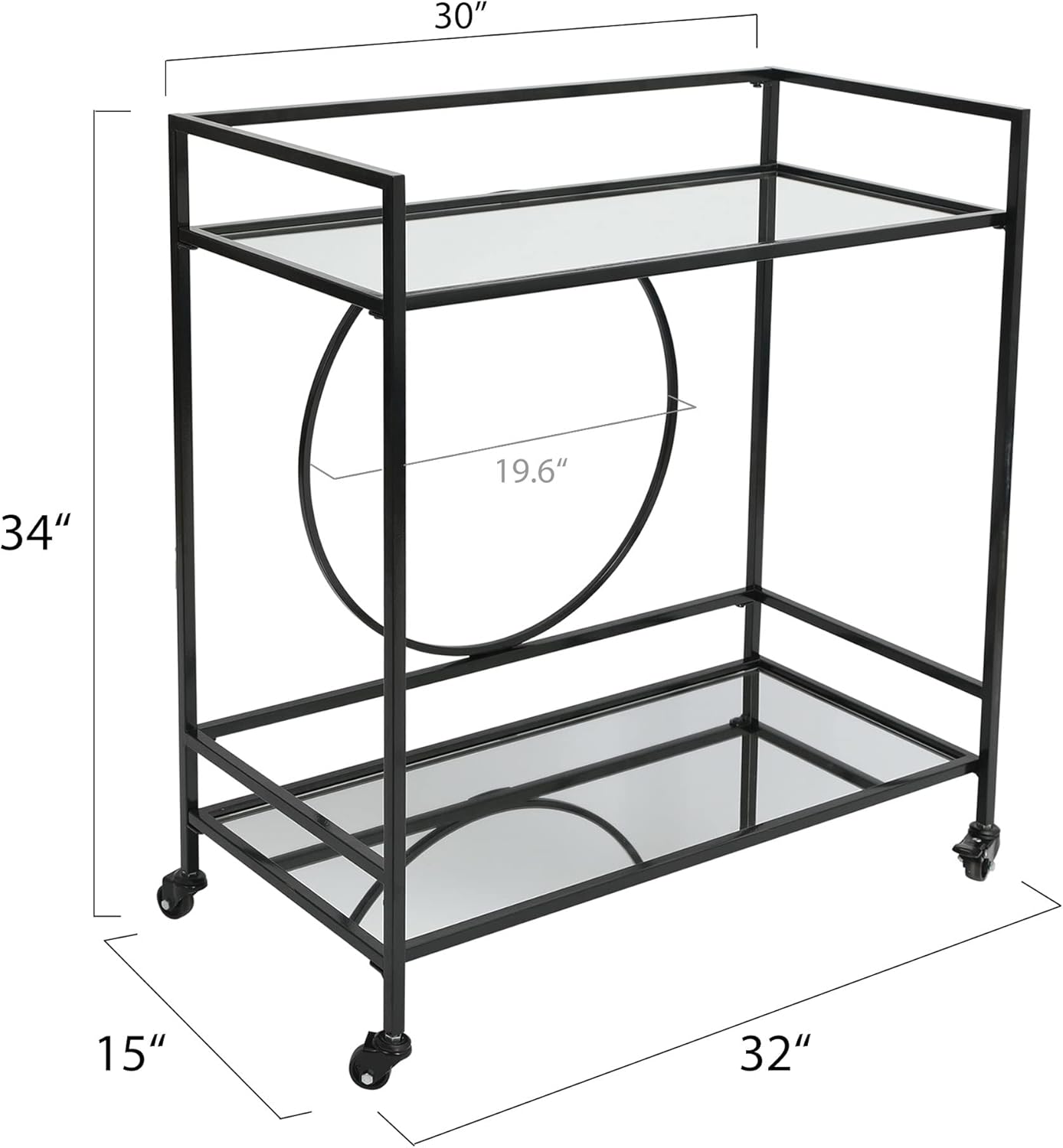 RiteSune Black Bar Cart with Wheels, Vintage Serving Cart Wine Cart with 2 Mirror Shelves, Alcohol Cart Liquor Bar Carts for Home Bar