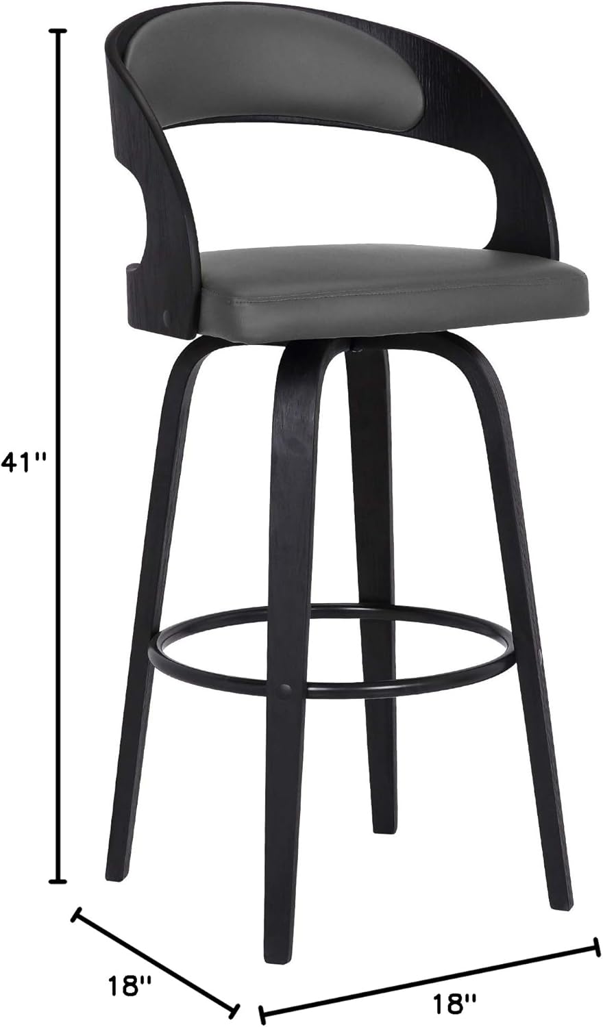 Armen Living Shelly 30" Bar Height Swivel Gray Faux Leather and Black Wood Bar Stool - Set of 2