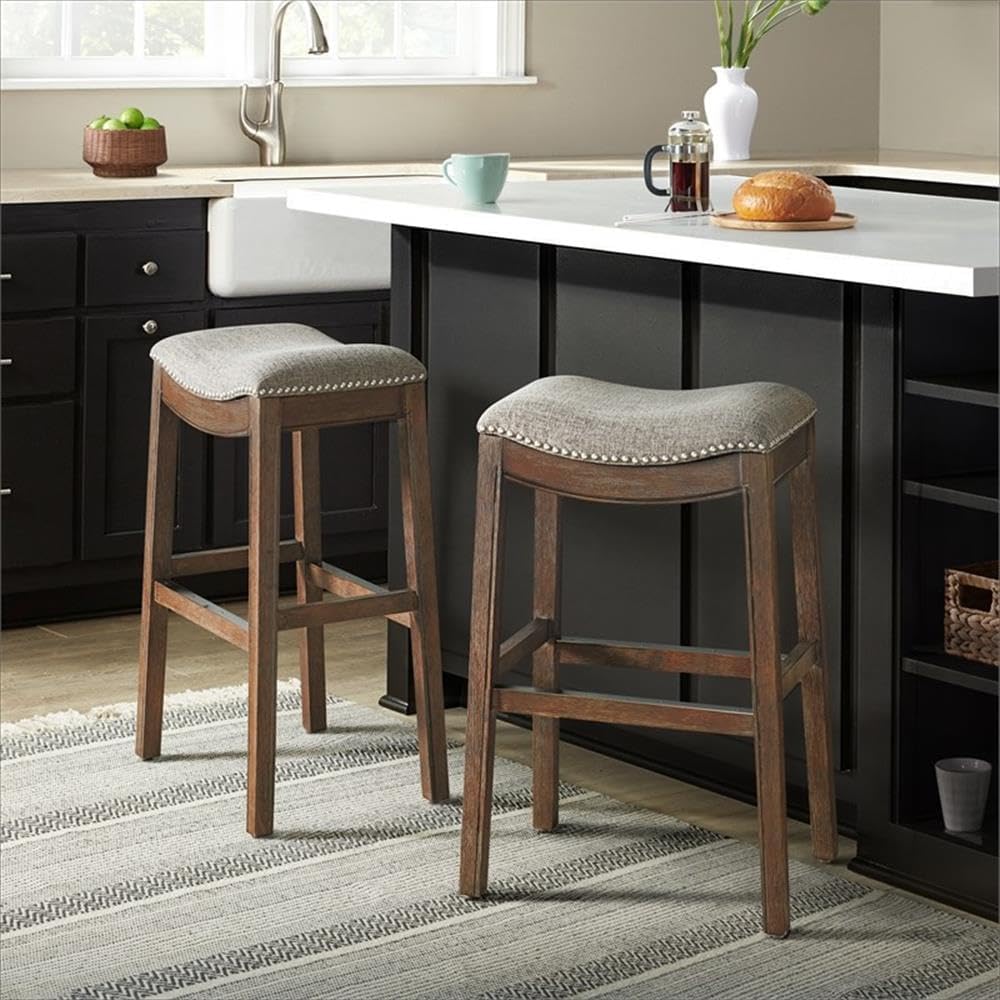 Alaterre Furniture Williston Bar Height Stool, Set of 2, Dark Brown, Solid Rubberwood Frame, Wire Brush Finish, Gray Accents, Linen-Like Fabric Upholstery, Dimensions 21 in. W x 14 in. D x 31 in. H