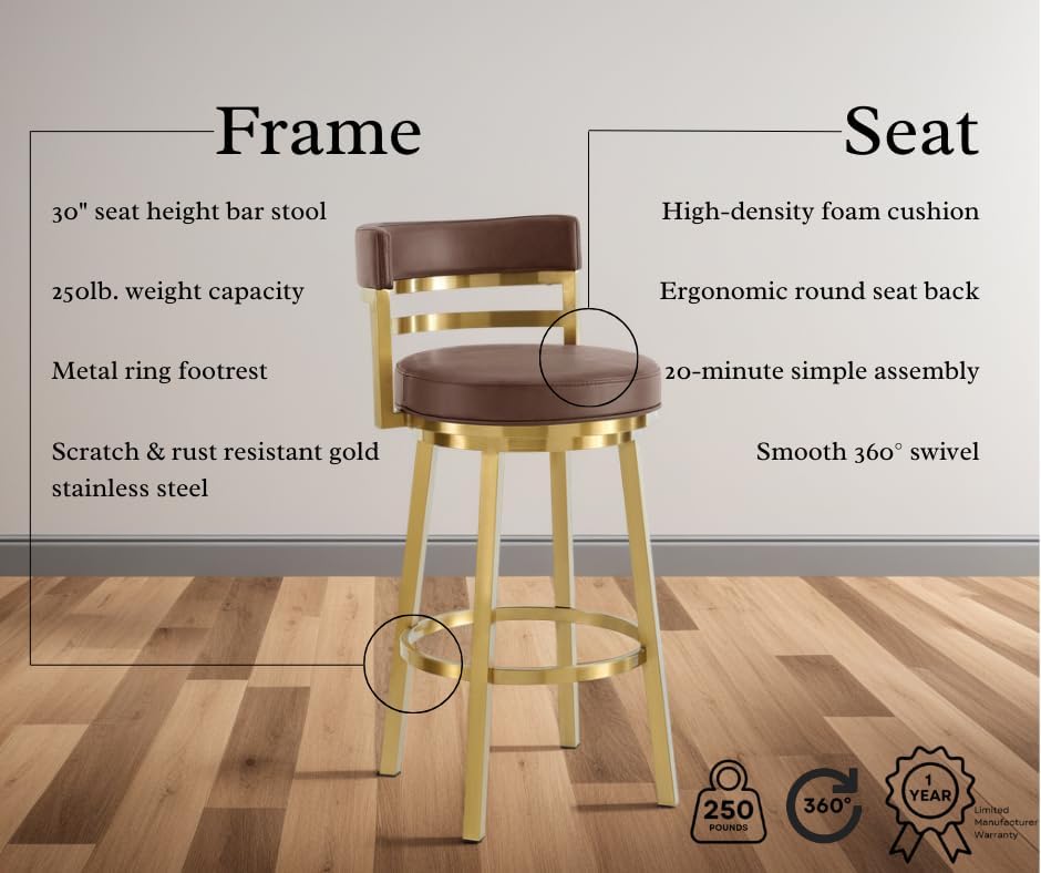 Armen Living Madrid 30" Seat Height Swivel Modern Vintage Coffee Faux Leather and Gold Brushed Stainless Steel Bar Stool for Kitchen Island Counter