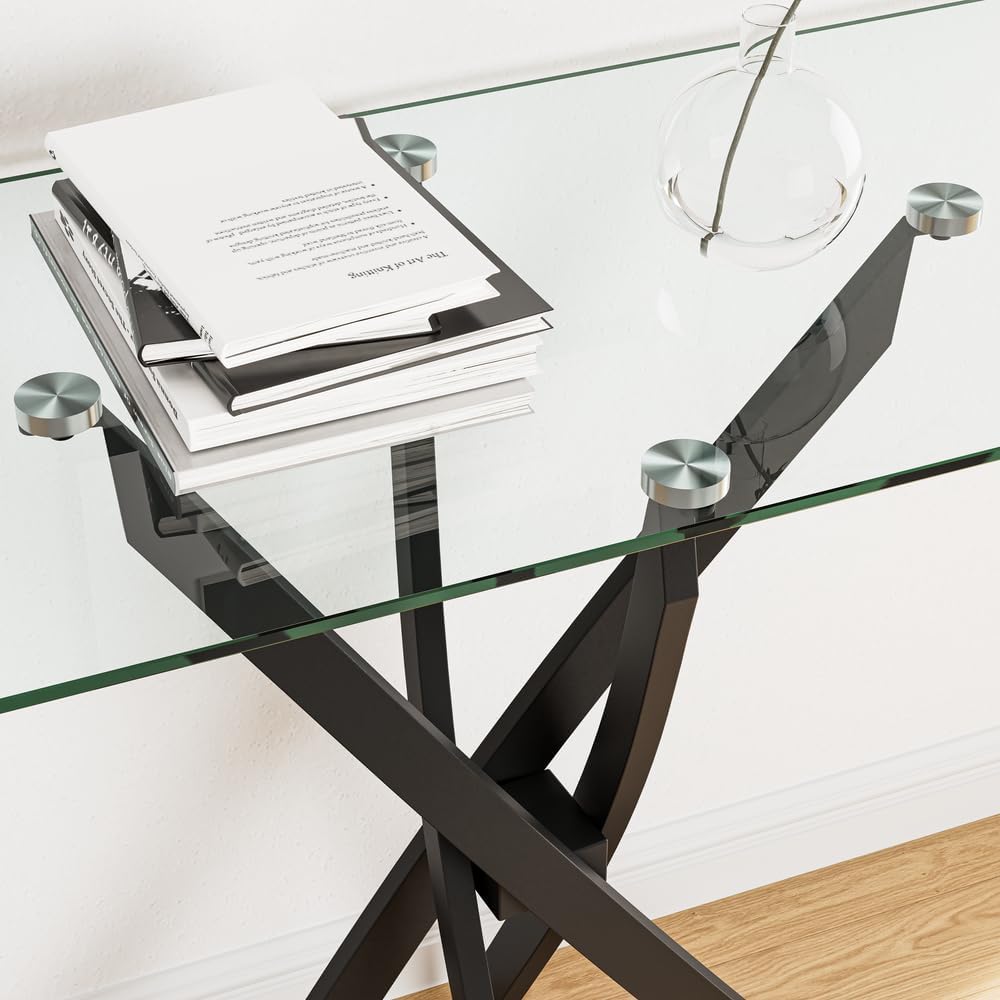 Tempered Glass Console Table with Metal Legs, Modern Narrow Sofa Table for Hallway Entryway (Black, 39"x18"x30")