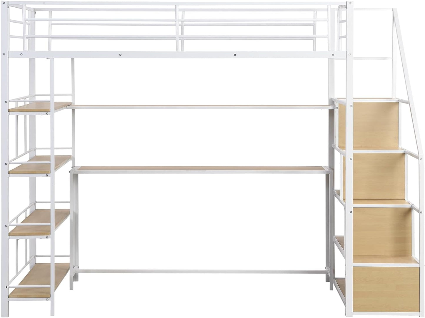 Twin Size Metal Loft Bed with Staircase,Full-Length Guardrails,a Built-in Desk and a 3-Tier Shelf,No Box Spring Needed,Noise Free,for Juniors&Adults,White