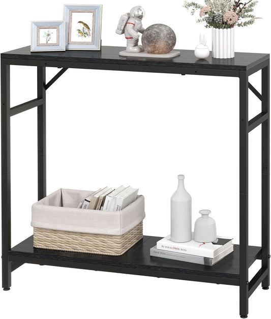 Narrow Console Table for Entryway - 2 Tier, 29.5” Entryway Table with Shelf, Industrial Thin Sofa Table with 2 Support Bar, Display Tables for Living Room, Bedroom, Foyer, Black